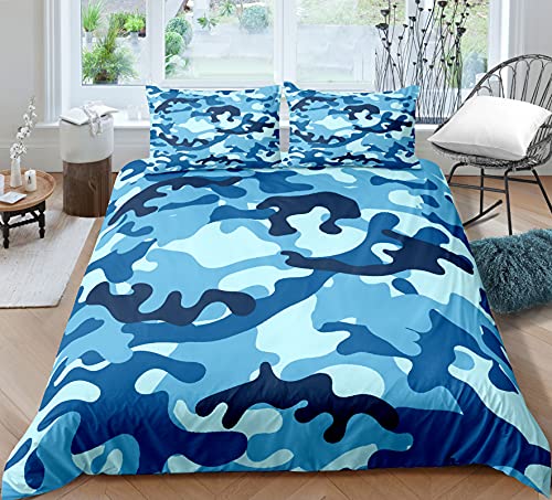 Camouflage Bettwäsche Set 1/2 Person Kinder Erwachsene Bettbezug mit Reißverschluss Abstrakte Art Quilt Set Schlafzimmer Komfortable Polyester Mikrofaser Bettwäsche (Blau, 135_x_200_cm) von Sticker Superb