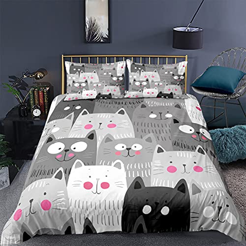 Cartoon Katze Bettwäsche Set Schwarz Grau Rosa Kätzchen 3D-Druck Bettbezug Cat Mikrofaser Mädchen Frau Schlafzimmer Weicher Bettbezüge und Kissenbezug 50x75 cm (Grau, Double 200x200 cm) von Sticker Superb.