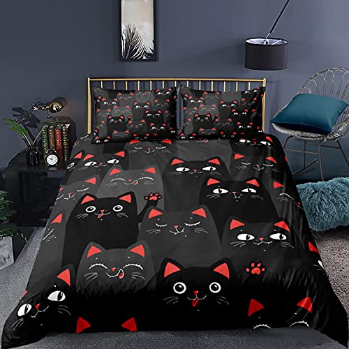 Cartoon Katze Bettwäsche Set Schwarz Grau Rosa Kätzchen 3D-Druck Bettbezug Cat Mikrofaser Mädchen Frau Schlafzimmer Weicher Bettbezüge und Kissenbezug 50x75 cm (Schwarz, Single 135x200 cm) von Sticker Superb.