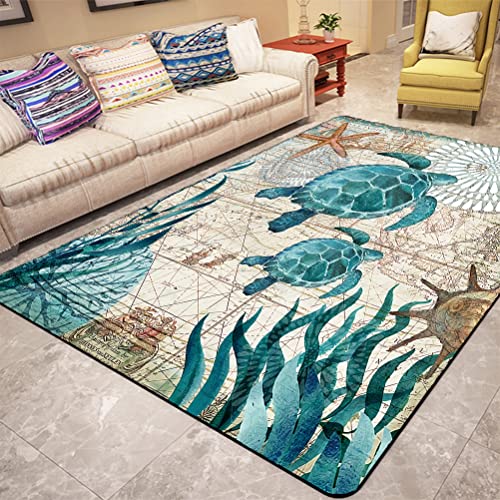 Dolphin Turtle Octopus 3D Ocean Teppiche Großes Wohnzimmer Teppich Schlafzimmer Kinderzimmer Rutschfeste Blaue Meerestiere Fußmatten für Küchenspüle,Krabbelmatte für Kinder (Blau 3,60 x 100 cm) von Sticker Superb.