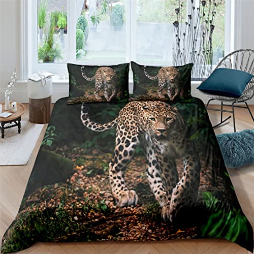 Dschungel Wildtier Dekoration Bettbezug mit Kissenbezug 3D Tier Gepard Leopard große Katze Muster Bettwäsche Set 2/3 Stück Mikrofaser grün schwarz Teenager Junge Quilt (Farbe 4,135 x 200 cm) von Sticker Superb.