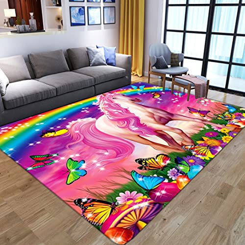 Einhorn 3D Gedruckter Teppich Cartoon Regenbogen Schmetterling Sternmuster Wohnzimmer Schlafzimmer Anti Rutsch Carpet Kinder Mädchen Jungen Zimmer Spielen Krabbeln Fußmatten (100x150 cm, Rosa) von Sticker Superb.