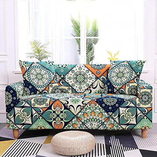 Ethno Bohemian Stretch Sofabezug 1/2/3/4 Sitze All Inclusive Home Wohnzimmer Dekoration Sofabezug Polyester Sofabezug Mandala Lotus Patchwork Sofabezüge Sofa Cover (Farbe 7,2 Sitze) von Sticker Superb.