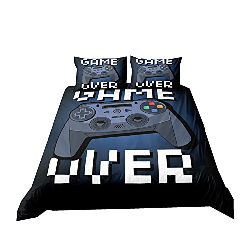 Gamer Bettwäsche Set für Jungen Teen Zipper Bettbezug Grau Blau Lila Geometrisches Blitzdesign Game Control Buttons Polyester Bettbezug und Kissenbezug 50x75 cm (Navy Blau, 200 x 200 cm) von Sticker Superb.