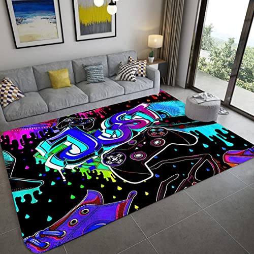 Gamer Controller Große Teppiche für Wohnzimmer Schlafzimmer Kinder Spielen Krabbelmatte Teenager Junge Graffiti Spielkonsole Teppiche Rutschfeste Bodenmatte Fußmatten (Violett,120x160 cm) von Sticker Superb.