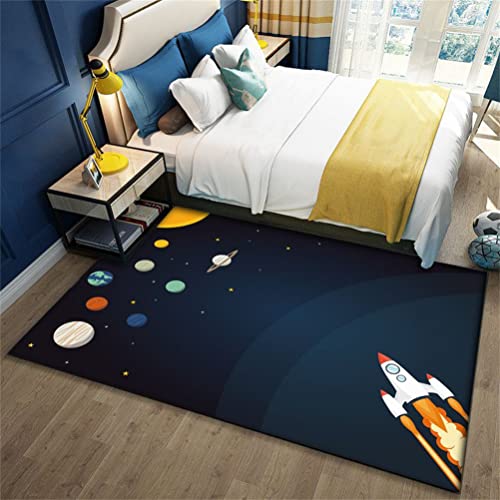 Kinderteppich Universe Planet Astronaut 3D Wohnzimmerteppich Rutschfest Blau Schwarz Raumschiff Rakete Teppiche Jungen und Mädchen Spielteppich Kinderzimmer Teppich Waschbar (Farbe1,120 x 160 cm) von Sticker Superb.