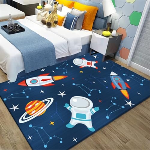 Kinderteppich Universe Planet Astronaut Wohnzimmerteppich rutschfest Blau Schwarz Teppich Jungen und Mädchen Spielteppich Teppich Waschbar (B, 80 x 160 cm) von Judy1980