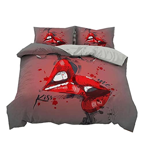 Küss Kiss Bettbezug mit Kissenbezügen Die Lippen der Sexy Frau Hell Rote Lips Lächeln 3D Druck Bettwäsche Set 1/2 Person Mikrofaser Paar Romantischer Stil Trösterabdeckung (Color 1, 200 x 200 cm) von Sticker Superb.