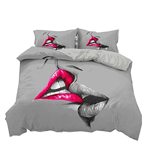 Küss Kiss Bettbezug mit Kissenbezügen Die Lippen der Sexy Frau Hell Rote Lips Lächeln 3D Druck Bettwäsche Set 1/2 Person Mikrofaser Paar Romantischer Stil Trösterabdeckung (Color 2, 200 x 200 cm) von Sticker Superb.