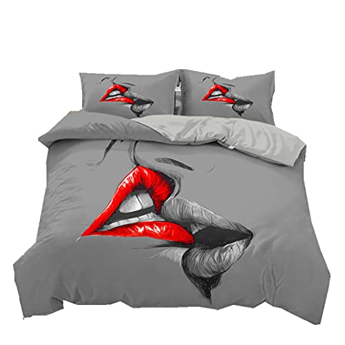 Küss Kiss Bettbezug mit Kissenbezügen Die Lippen der Sexy Frau Hell Rote Lips Lächeln 3D Druck Bettwäsche Set 1/2 Person Mikrofaser Paar Romantischer Stil Trösterabdeckung (Color 4, 135 x 200 cm) von Sticker Superb.