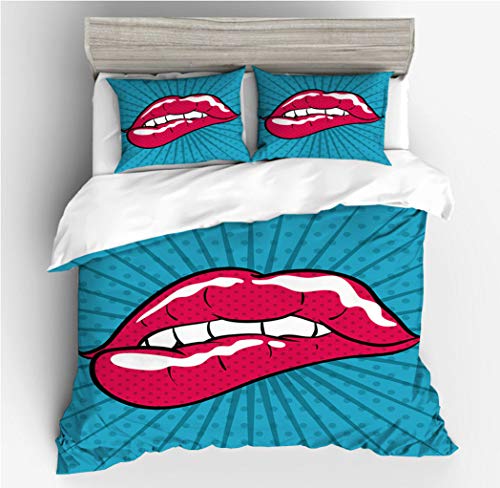 Küss Kiss Bettwäsche Set,Die Lippen der Sexy Frau Hell Rote Lips Lächeln 3D Druck Bettbezug mit Kissenbezügen,Weiche Microfaser Duvet Cover für Damen Mädchen (Blau, 135 x 200 cm) von Sticker Superb