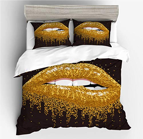 Küss Kiss Bettwäsche Set,Die Lippen der Sexy Frau Hell Rote Lips Lächeln 3D Druck Bettbezug mit Kissenbezügen,Weiche Microfaser Duvet Cover für Damen Mädchen (Gold, 135 x 200 cm) von Sticker Superb