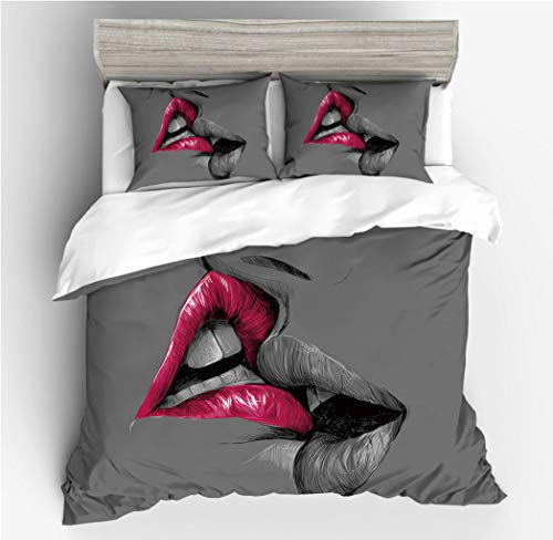 Küss Kiss Bettwäsche Set,Die Lippen der Sexy Frau Hell Rote Lips Lächeln 3D Druck Bettbezug mit Kissenbezügen,Weiche Microfaser Duvet Cover für Damen Mädchen (Grau, 135 x 200 cm) von Sticker Superb