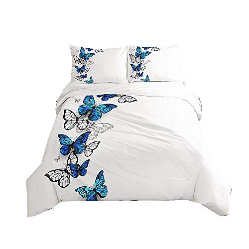 Mädchen Bettwäsche Set Schmetterling Blau Lila Schwarz 3D-Digitaldruck Polyester Pflegeleicht 2/3 Stück Bettbezug mit Kissenbezug 50 x 75 cm (Blau, 135 x 200 cm) von Sticker Superb