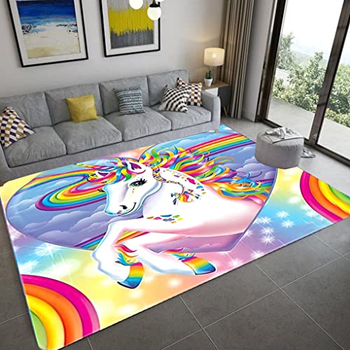 Mädchen Schlafzimmer Teppich 3D Einhorn Carpet Mädchen Zimmer Bodendekoration Rug Cartoon Kinderzimmer Krabbelmatte Flanell Memory Foam Teppich Geeignet für Wohnzimmer (100x150 cm, Bunt 2) von Sticker Superb.