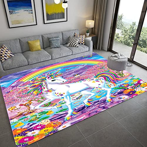 Mädchen Schlafzimmer Teppich 3D Einhorn Carpet Mädchen Zimmer Bodendekoration Rug Cartoon Kinderzimmer Krabbelmatte Flanell Memory Foam Teppich Geeignet für Wohnzimmer (140x200 cm, Bunt 1) von Sticker Superb.