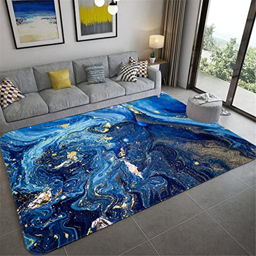 Marmor Teppich Moderner Abstrakter Blau Gold Meerwasser Couchtisch Teppich Für Wohnzimmer Schlafzimmer Nachttischmatte Küche Badezimmer Bodenmatte Anti-Rutsch Fußmatte Nordic (Stil 3,140x200 cm) von Sticker Superb.