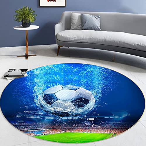 Moderne Flamme Fußball Wohnzimmer Schlafzimmer Teppich Teenager Junge Mädchen 3D Sports Soccer Serie Rutschfester Flanell Stuhlkissen Kinderzimmer Spielbereich Runden Teppich (Blau,100cm) von Sticker Superb.