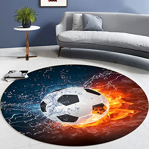 Moderne Flamme Fußball Wohnzimmer Schlafzimmer Teppich Teenager Junge Mädchen 3D Sports Soccer Serie Rutschfester Flanell Stuhlkissen Kinderzimmer Spielbereich Runden Teppich (Orange,100cm) von Sticker Superb.