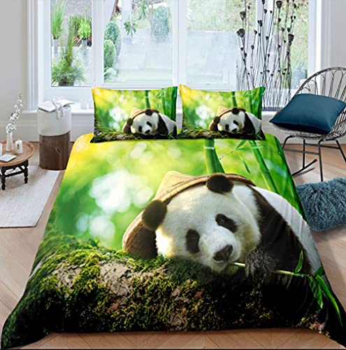 Niedliche Cartoons 3D Panda Bär Bambus Blumen Muster Bettwäsche Set 2/3 Stück Wildlife Animal Reißverschluss Decor Bettbezug für Erwachsene Kinder Bettwäsche Kissenbezüge (Grün, 135 x 200 cm) von Sticker Superb.