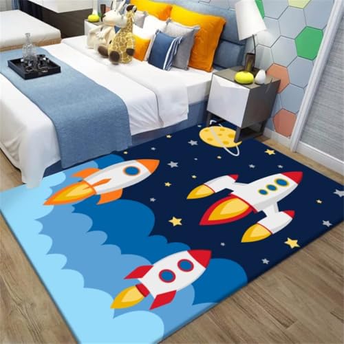 Kinderteppich Universe Planet Astronaut Wohnzimmerteppich rutschfest Blau Schwarz Teppich Jungen und Mädchen Spielteppich Teppich Waschbar (A, 120 x 160 cm) von Judy1980