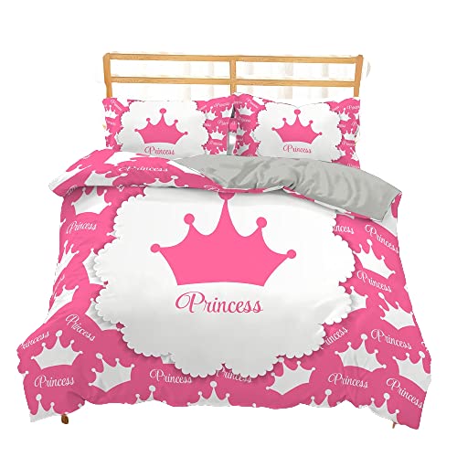 Sticker Superb. Krone Prinzessin Bettwäsche Set Mädchen Junge Mikrofaser 2/3 Teilig Bettbezug Rosa Weiß Bettbezug und Kissenbezug Nicht-Eisen Für Mann und Frau Leicht Ganzjährig (Rosa A,135 x 200 cm) von Sticker Superb.