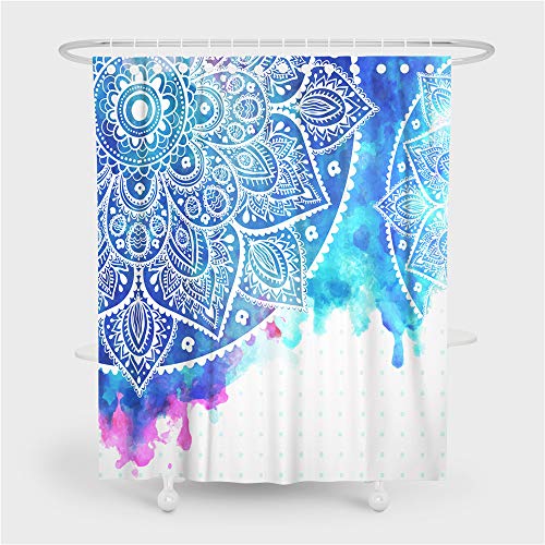 Sticker Superb. Mandala Indisch Blume Marokko Blumen Duschvorhang mit 12 Plastik Haken, Böhmen Ethinisch Lila Schwarz Duschvorhang Anti Schimmel Wasserdicht (Weiß Blau, 120x180cm) von Sticker Superb.