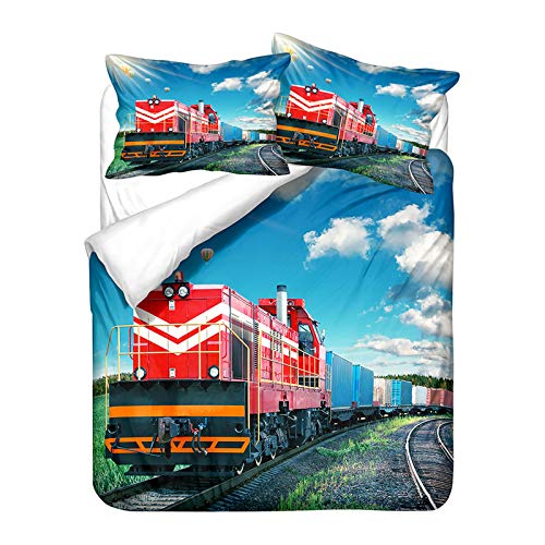 Sticker Superb. Naturlandschaft Bettwäsche-Set 3D Zug Eisenbahn Bahn Schleppe Rot Gelb Grüne Mikrofaser-Polyester Männer Bettbezug mit Reißverschluss und Kissenbezug 80x80 cm (Red, 135 X 200 cm) von Sticker Superb.