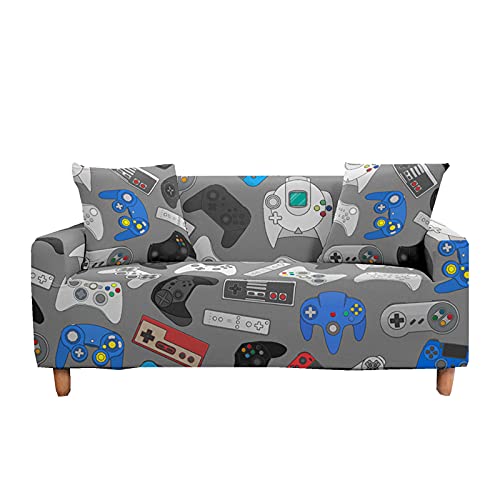 Sticker Superb. Sofabezug Gamer Weiß Grau Schwarz Blau 3D Gamepad Druck Sofabezug Stretch Polyester Antifouling Sofabezug 1/2/3/4 Sitz Optionale Sofabezüge Sofa Cover (Grau,2 Sitze / 145-185 cm) von Sticker Superb.