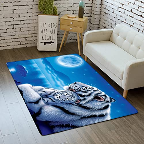 Sticker Superb. Wildtier Teppich Tiger Katze 3D Tierkunst Wohnzimmer Schlafzimmer Flanell Groß Carpet Kinderzimmer Bodenmatte Heimdekoration Sofa Tischteppich rutschfeste Stuhlkissen (Blau,80x160 cm) von Sticker Superb.