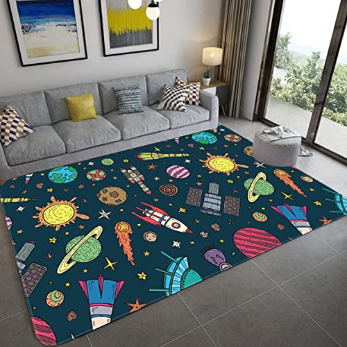 Teppich Cartoon Space Universe Planet Kinder Spielmatte Jungen Mädchen Zimmer matte Schlafzimmer Nachttisch Bodenteppich Rakete Raumschiff Astronaut Play Crawl Großer Teppich (Farbe 3,160x200 cm) von Sticker Superb.