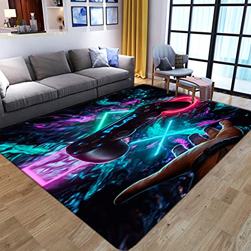 Teppich Schlafzimmer Modern Gamer 3D Controller Wohnzimmer Teppich rutschfeste Graffiti Spielkonsole Dekoration Carpets Schwarz Lila Blau Großen Flanell Krabbelmatte für Kinder (Farbe 1, 100x150 cm) von Sticker Superb.