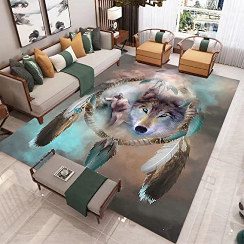 Traumfänger Wolf Drucken Großer Teppich für Wohnzimmer Schlafzimmer Moderne Heimdekoration Rutschfester Flanell Kinder Spiel Matte Wald Sternenklarer Himmel Feder Wölfe Muster (Grau,120x160 cm) von Sticker Superb.