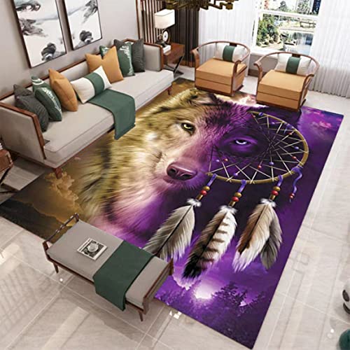 Traumfänger Wolf Drucken Großer Teppich für Wohnzimmer Schlafzimmer Moderne Heimdekoration Rutschfester Flanell Kinder Spiel Matte Wald Sternenklarer Himmel Feder Wölfe Muster (Violett,120x160 cm) von Sticker Superb.