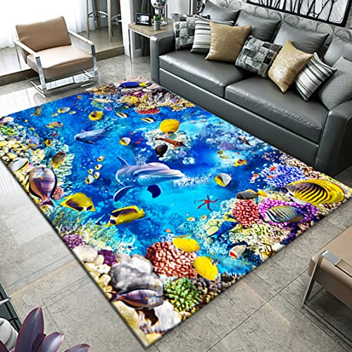 Unterwasserwelt 3D-Ozean Teppich Fisch Koralle Delfin Haus Dekoration Wohnzimmer Schlafzimmer Badezimmer Rutschfester Rug Eingangstürmatte Ocean World Kinderkrabbel Carpet (100x150 cm, Muster 1) von Sticker Superb.
