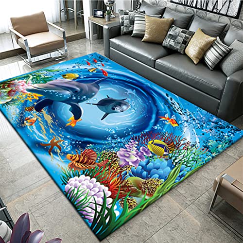 Unterwasserwelt 3D-Ozean Teppich Fisch Koralle Delfin Haus Dekoration Wohnzimmer Schlafzimmer Badezimmer Rutschfester Rug Eingangstürmatte Ocean World Kinderkrabbel Carpet (120x160 cm, Muster 3) von Sticker Superb.