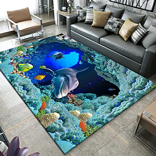 Unterwasserwelt 3D-Ozean Teppich Fisch Koralle Delfin Haus Dekoration Wohnzimmer Schlafzimmer Badezimmer Rutschfester Rug Eingangstürmatte Ocean World Kinderkrabbel Carpet (160X200 cm, Muster 2) von Sticker Superb.