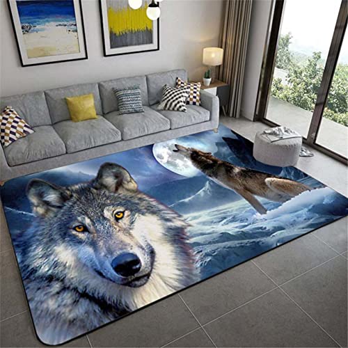 Wolf Druck Großer Teppich für Wohnzimmer Schlafzimmer Moderne Dekoration rutschfeste Flanell Kinderzimmer Spielen Bodenmatte, Wald Schnee Nachthimmel Mond Wölfe Muster (Bleu,120x160 cm) von Sticker Superb.