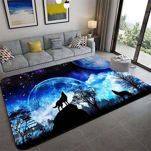 Wolf Druck Großer Teppich für Wohnzimmer Schlafzimmer Moderne Dekoration rutschfeste Flanell Kinderzimmer Spielen Bodenmatte, Wald Schnee Nachthimmel Mond Wölfe Muster (Marine,100x150 cm) von Sticker Superb.