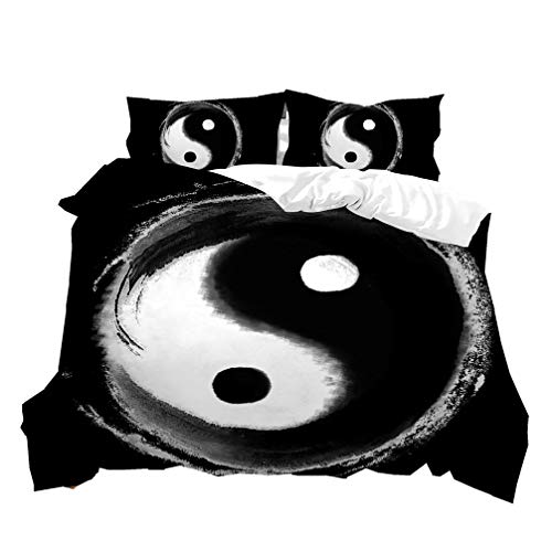 Yin Yang Bettwäsche Set Tai Chi Drachen Fisch Mandala Schwarz Weiß Kunst 3D Blumen Druck Bettbezug 2/3 Stück Tier Aquarell Bett Set Bettdecke Quilt (Style 3, 200 x 200 cm) von Sticker Superb