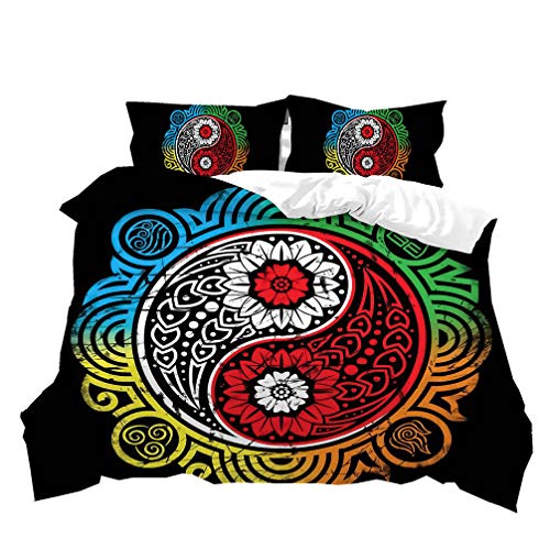 Yin Yang Bettwäsche Set Tai Chi Drachen Fisch Mandala Schwarz Weiß Kunst 3D Blumen Druck Bettbezug 2/3 Stück Tier Aquarell Bett Set Bettdecke Quilt (Style 5, 135 x 200 cm) von Sticker Superb