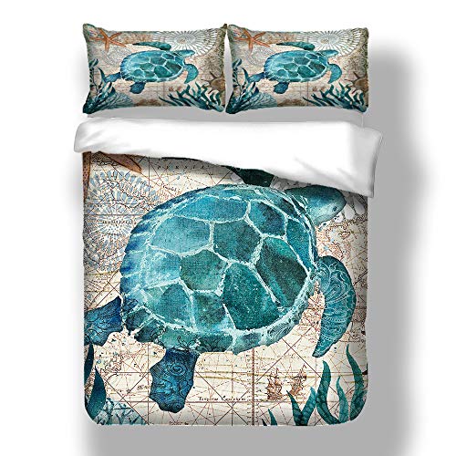 3D Tier Blau Schildkröte Karte Bettwäsche Set mit Reißverschluss, Luxus 2/3 Stück Kinder Mann Frau Wal Tintenfisch Polyester Bettbezug Set Winter Sommer (Schildkröte, 200x200cm) von Sticker superb