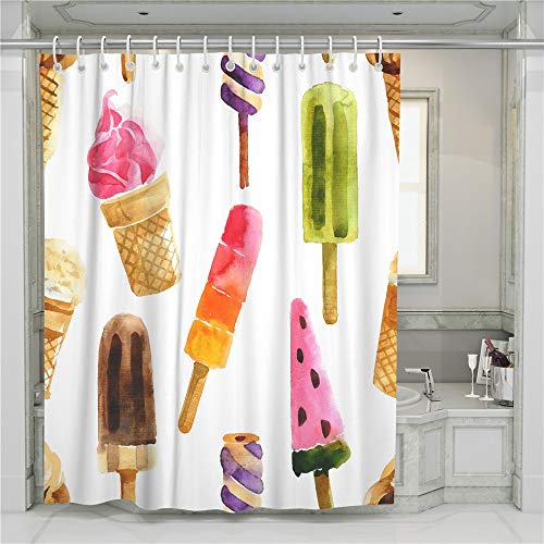 Duschvorhänge Schimmelfest, 3D EIS Sommer Erdbeere Weiß Rosa Duschvorhänge mit Plastik Vorhang Ringe Mikrofaser Polyester (Weiß, 180x200cm) von Sticker superb