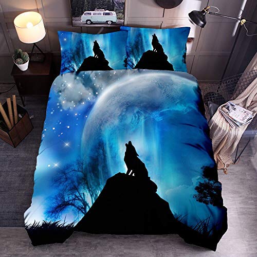 Junge Mann Schwarz Wolf Romantisch Blau Mond Bettwäsche Set mit Kissenbezug, Schnee Galaxis Star Braun Wolf Tier Bettbezug Polyester (Wolf # 1, Single 135x200cm) von Sticker superb