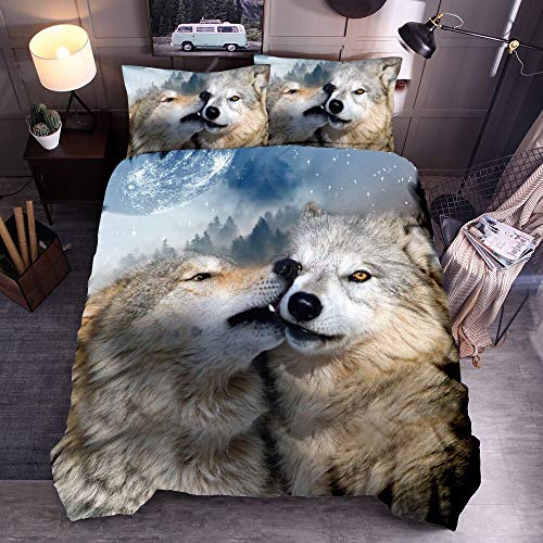 Junge Mann Schwarz Wolf Romantisch Blau Mond Bettwäsche Set mit Kissenbezug, Schnee Galaxis Star Braun Wolf Tier Bettbezug Polyester (Wolf # 4, Single 135x200cm) von Sticker superb