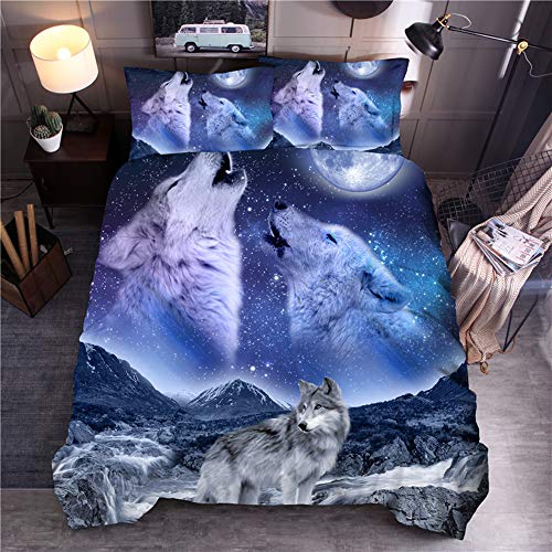 Junge Mann Schwarz Wolf Romantisch Blau Mond Bettwäsche Set mit Kissenbezug, Schnee Galaxis Star Braun Wolf Tier Bettbezug Polyester (Wolf # 5, Double 200x200cm) von Sticker superb