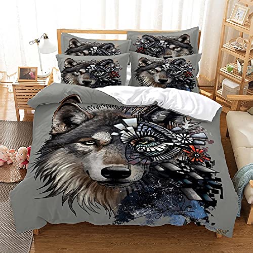 Sticker superb 135x200cm 2 Teilig 3D Tier Wald Wolf Blaues Grau Bettwäsche Set mit Reißverschluss, Cat Mond Winter Herbst Bettbezug Set Mann 1 Person (Boho Wolf) von Sticker superb