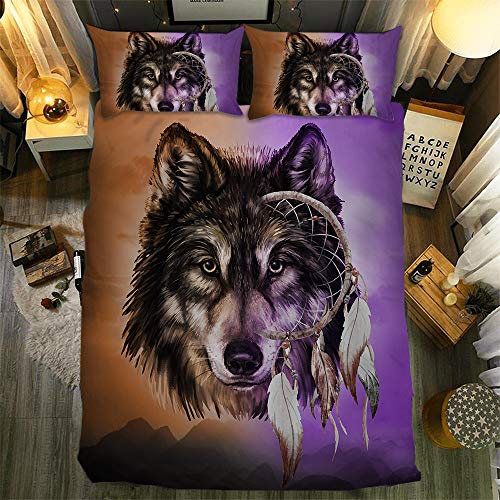 Sticker superb Böhmen Traumfänger Feder Lila Braun Bettwäsche Set, Boho Luxus 2/3 Teilig Tier Wolf Löwe Polyester Bettbezug mit Kissenbezug (Wolf, 200x200cm) von Sticker superb