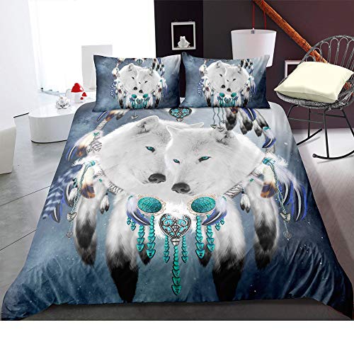 Sticker superb Luxus 2/3 Teilig Mädchen Junge Wolf Bettwäsche Set mit Kissenbezug, 3D Süß Paar Wolf Weiß Kunst Wolf Tier Wohnheim Dekoration Bettbezug mit Reißverschluss (Paar Wolf, 135x200cm) von Sticker superb