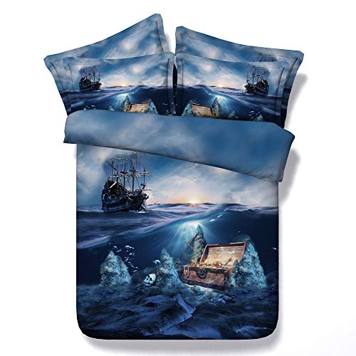 Strand Conch Strand Blume Fisch Schiff Bettwäsche Set, Schönes Blaues Dame Mann Baumwolle Bettbezug Set mit Reißverschluss (Schiff, 135_x_200_cm) von Sticker superb